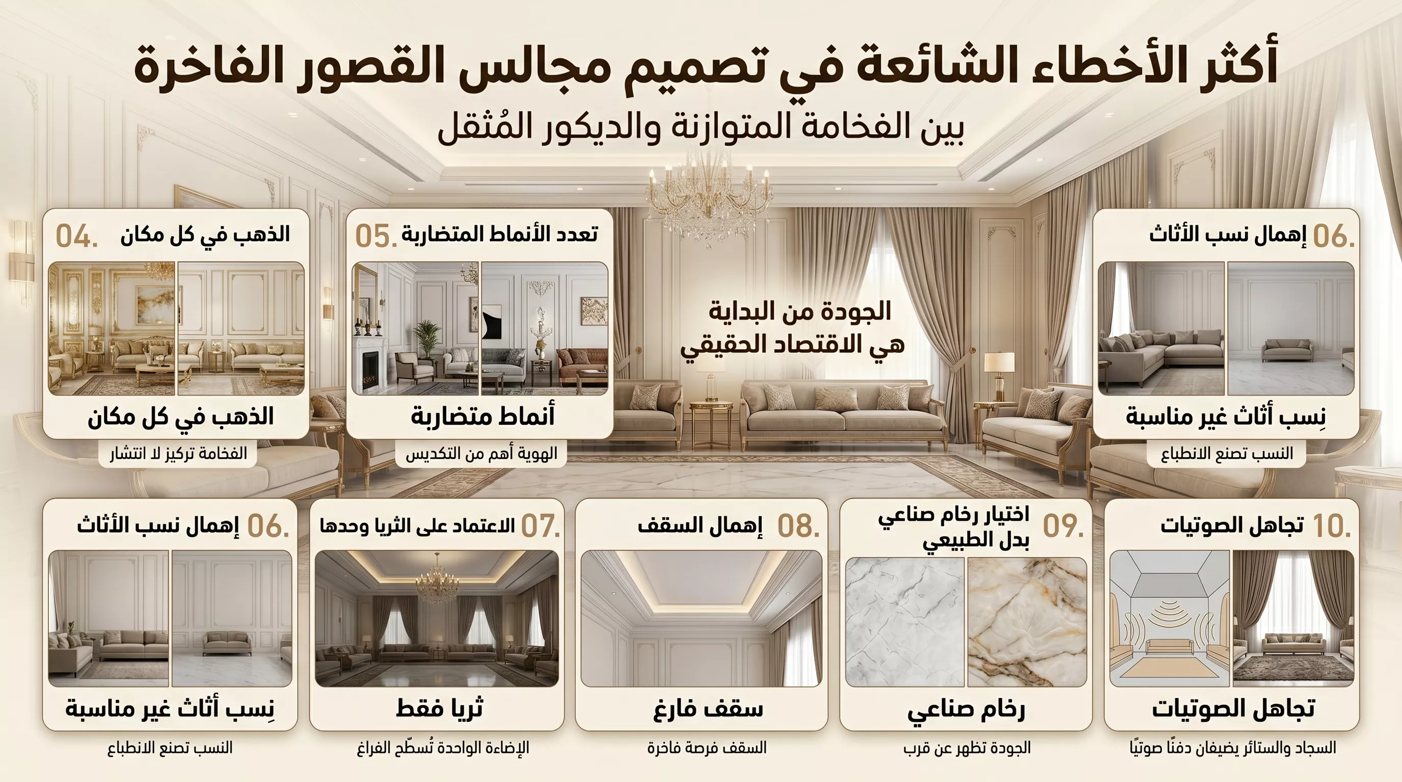 A luxurious infographic explaining the design mistakes of palace halls, from excessive gold and clashing styles to neglecting lighting, ceilings, and acoustics.